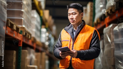 Asian male store worker and tablet working at warehouse distribution