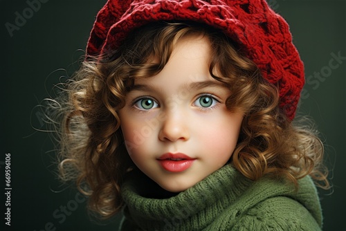 Close-up portrait face nice-looking attractive lovely sweety curious cheerful cheery smart clever child, copy space isolated green pastel color background photo