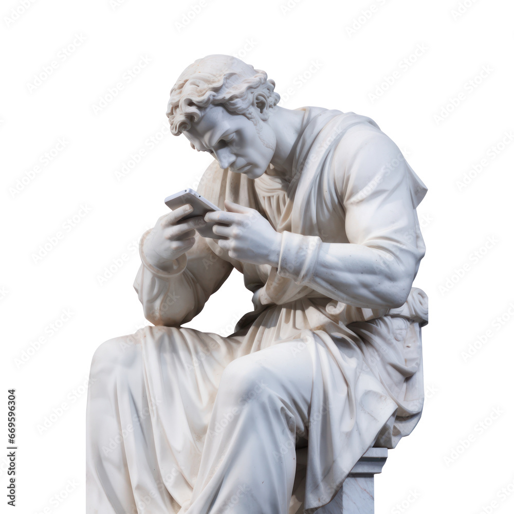 Marble statue of greek Man. screen addiction. Tablet.  greek Man statue addict to smart phone or tablet. PNG