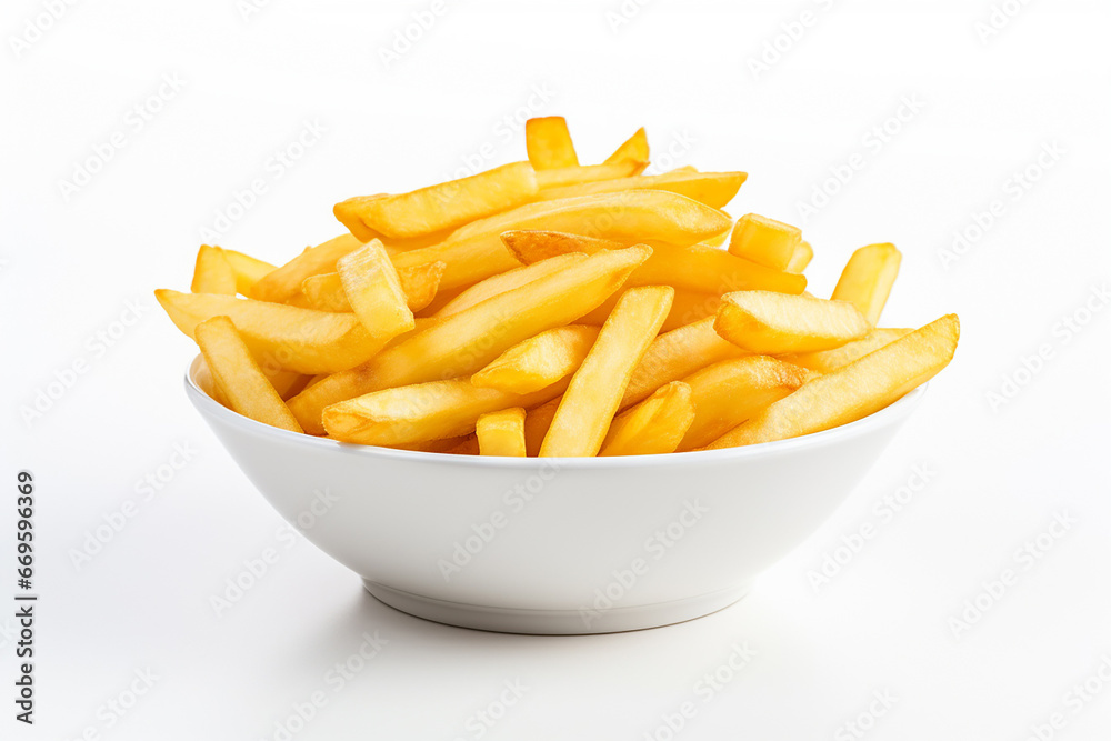 The fresh yummy french fries in a white bowl isolated on a clear white background shot in a studio. Generative AI. The fresh yummy french fries in a white bowl isolated on a clear white background shot in a studio. Generative AI.