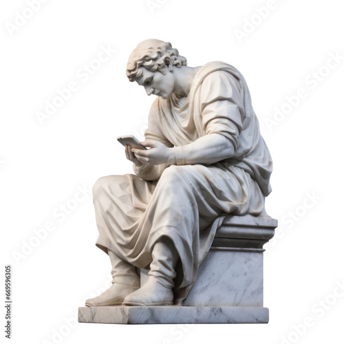 Marble statue of greek Man. screen addiction. Tablet. greek Man statue addict to smart phone or tablet. PNG