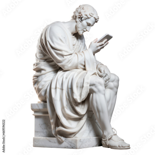 Marble statue of greek Man. screen addiction. Tablet. greek Man statue addict to smart phone or tablet. PNG