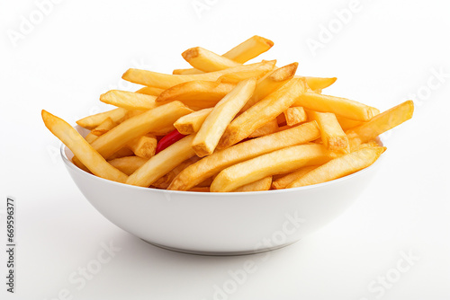 The fresh yummy french fries in a white bowl isolated on a clear white background shot in a studio. Generative AI.