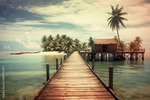 A tropical island with a wooden jetty. Generative AI