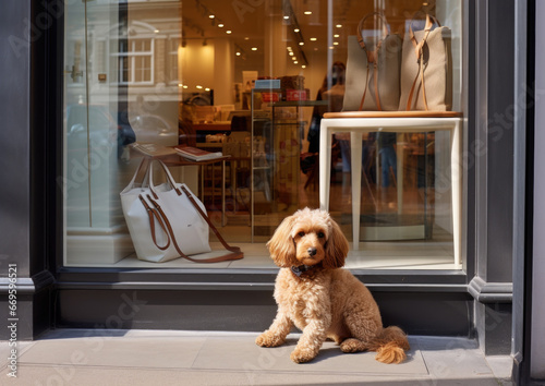 Small dog waiting for his owner at the door of a store. AI generative.