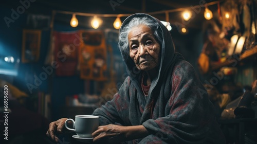 Asian old woman sits and drink coffee on the sofa at home happily