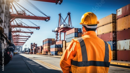Engineer and tablet at container yard from cargo ship for import-export Port control officer