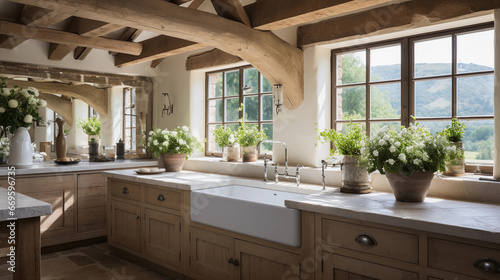 A rustic farmhouse kitchen with exposed wooden beams and a large farmhouse sink.