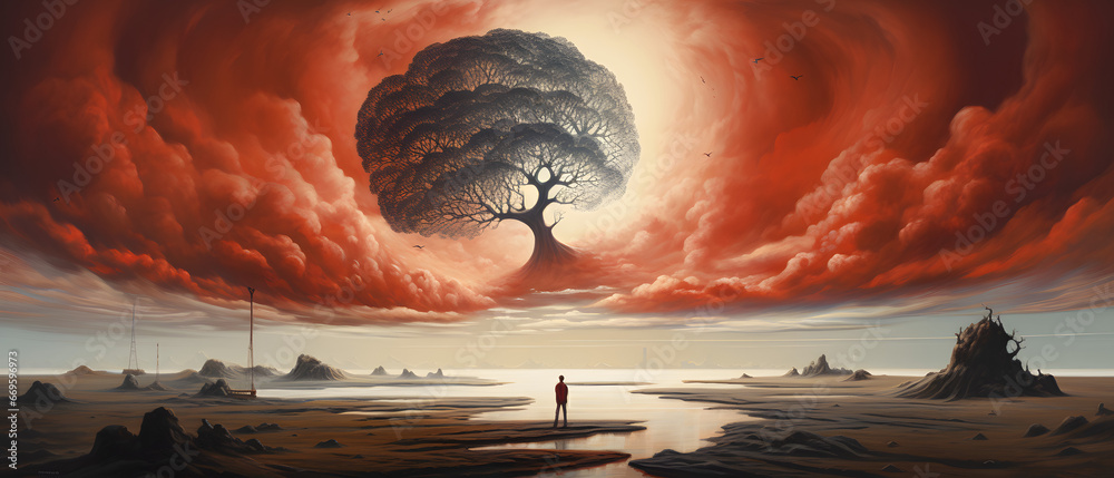 Surreal Art background with person Looking At Tree With Red Sky - obrazy, fototapety, plakaty 