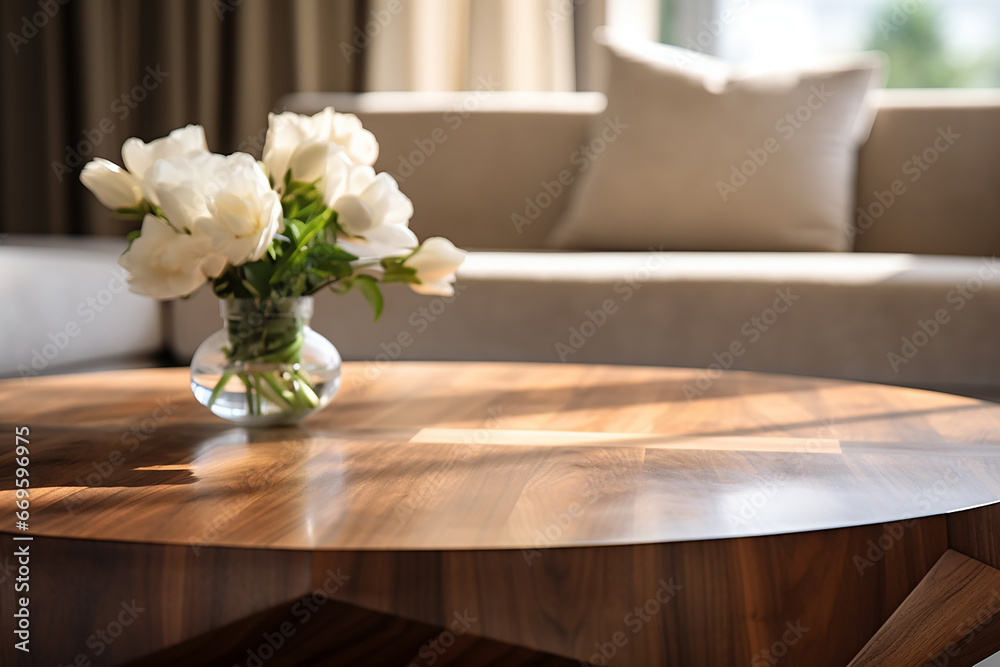 Φωτογραφία The close up detail of a coffee table and comfortable sofa with cushions in a modern living room, Generative AI