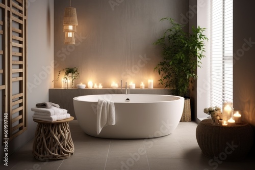 Modern bathroom interior with bathtub and chic vanity, black walls, parquet floor, plants, wooden wall panel, and natural lighting. Minimal bathroom 