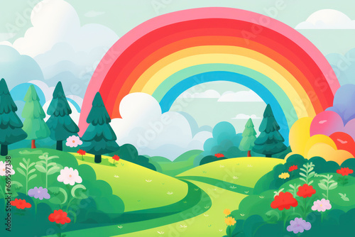 Bright beautiful rainbow on the background of the sky and pink clouds flat illustration