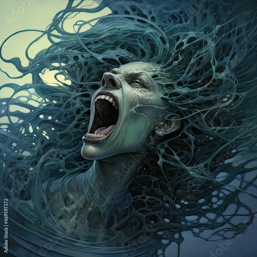 a woman screaming in the midst of a supernatural attack. Her face is distorted with fear and her mouth is open in a silent scream. Symbiot. Supernatural, nightmare.