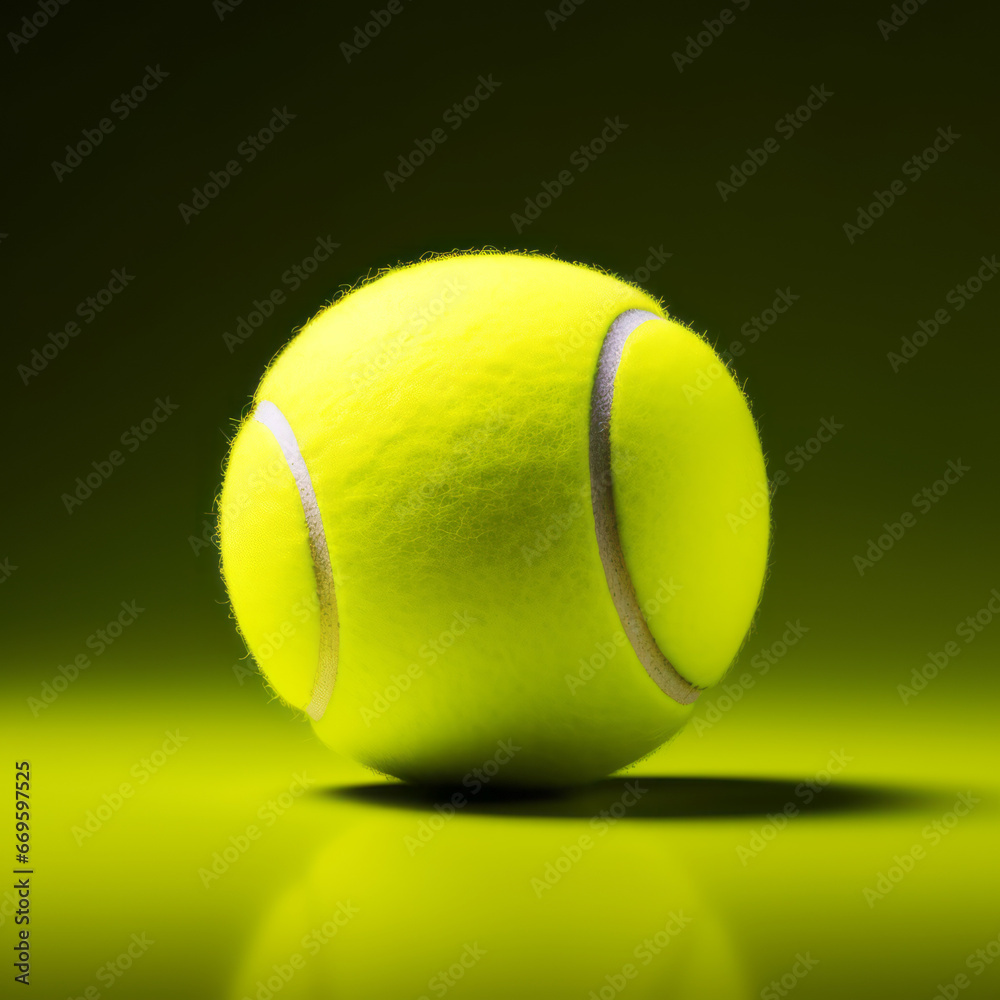 Tennis ball on green background with dramatic lighting.