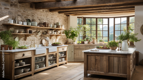 A rustic farmhouse kitchen with exposed wooden beams and a large farmhouse sink.