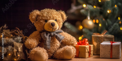 Teddy bear and gift boxes next to the Christmas tree. Generative AI.