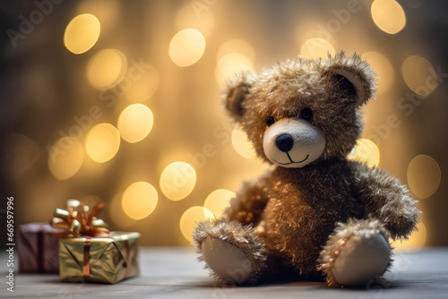 Teddy bear and gift boxes next to the Christmas tree. Generative AI.