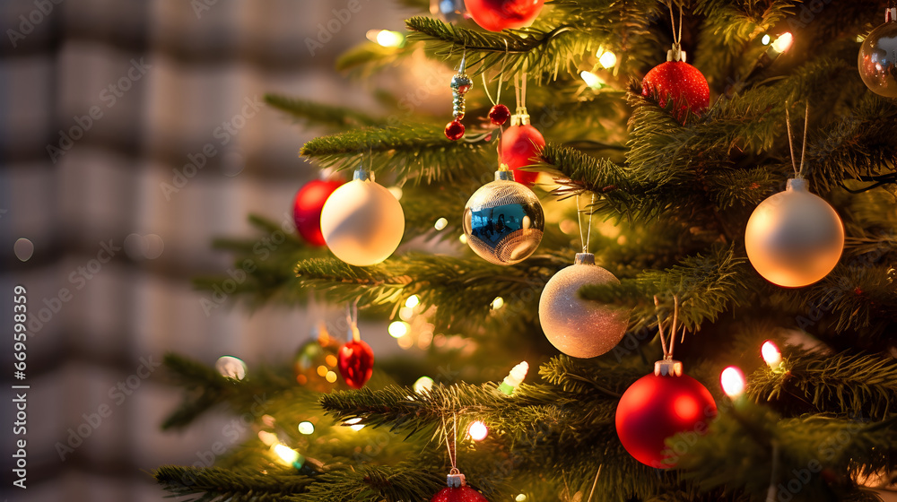 Photo of Colorful and Decorated Christmas Baubles Hanging, Festive Atmosphere. High-Quality 4K