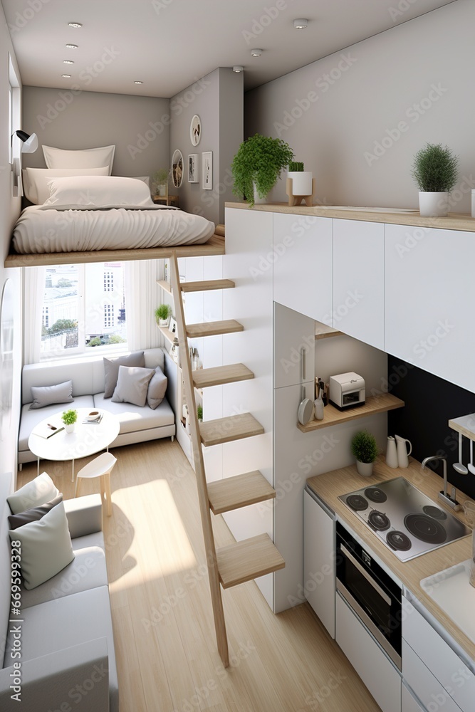 tiny apartment with space saving solutions, Interior design - obrazy, fototapety, plakaty 