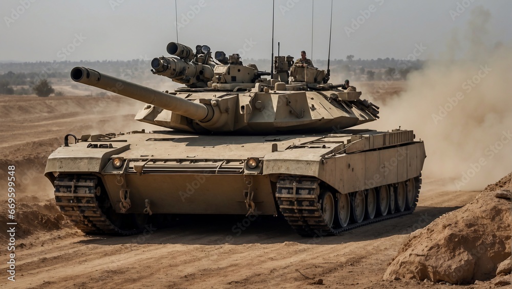 Military tank on a battlefield. Desert landscape. War image. Generative AI.