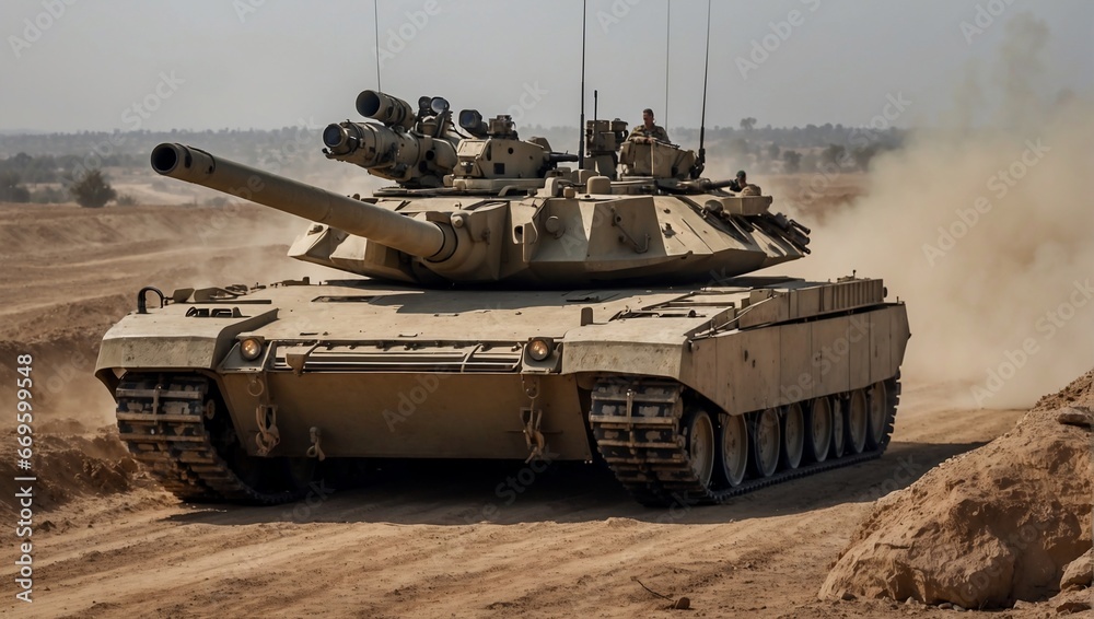 Military tank on a battlefield. Desert landscape. War image. Generative AI. Military tank on a battlefield. Desert landscape. War image. Generative AI.