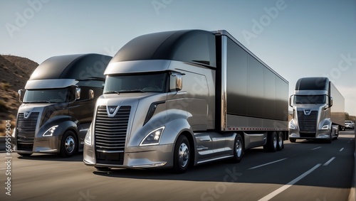 A fleet of sleek, avant-garde trucks gracefully sweep across a bustling highway, their autonomous self-driving systems flawlessly engaged. Generative AI. photo