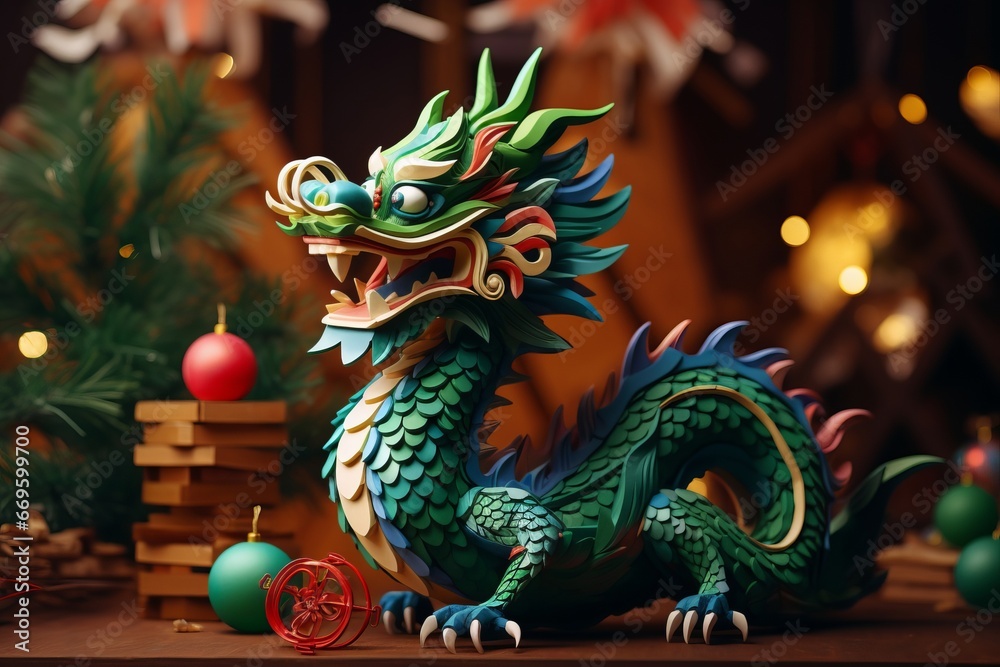 Fototapeta premium The fabulous green wooden dragon is symbol of 2024 New Year. A cute green dragon is sitting next to a Christmas tree with gifts.