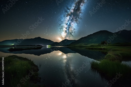 A nighttime reflection of the sky on water, mountains in the background, and a starry sky. Generative AI © Thomas