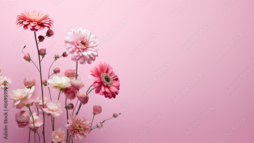 Naklejka premium Pink flowers with pink copy space background on the right side