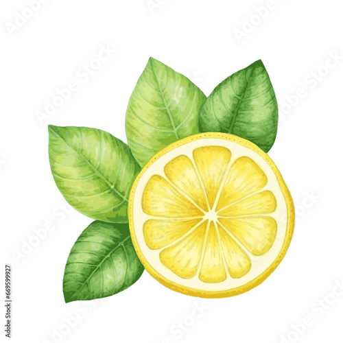 Watercolor lemon slice fruit with leaves for food vitamin design on white background