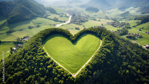 Heart symbol created on the top of a mountain with many trees in a very green forest