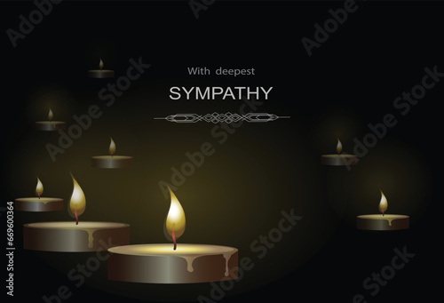 Several low, burning candles in the dark and the inscription “With deepest sympathy.” Vector conceptual illustration with space for additional text.