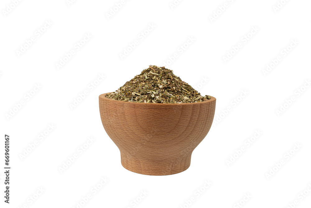 Dry Tansy Herb in latin Tanacetum vulgare in wooden bowl isolated on white background.Herbs. Alternative medicine. Dry Tansy Herb in latin Tanacetum vulgare in wooden bowl isolated on white background.Herbs. Alternative medicine.