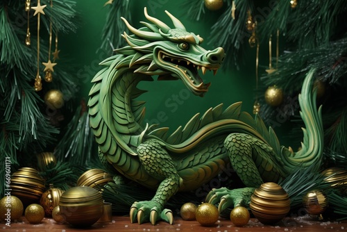 The fabulous green wooden dragon is the symbol of the 2024 New Year. Colorful bright stylish Christmas card © Alena