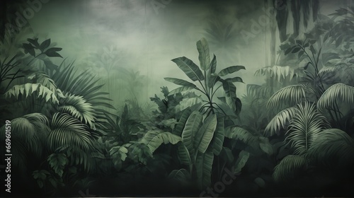 Vintage texture sketch of a jungle with leaves  tropical forest  and palm trees as wallpaper. Generative Ai.