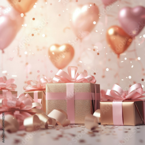A festive romantic scene with confetti, heart-shaped pink balloons, and gift boxes, all shimmering with the sparkle of confetti and ribbons. Generative ai.