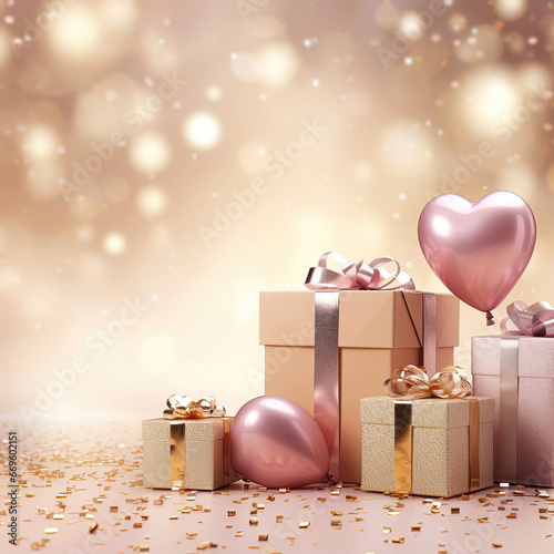 A festive romantic scene with confetti, heart-shaped pink balloons, and gift boxes, all shimmering with the sparkle of confetti and ribbons. Generative ai.