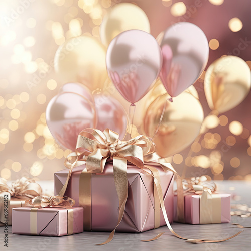 A festive romantic scene with confetti, heart-shaped pink balloons, and gift boxes, all shimmering with the sparkle of confetti and ribbons. Generative ai.