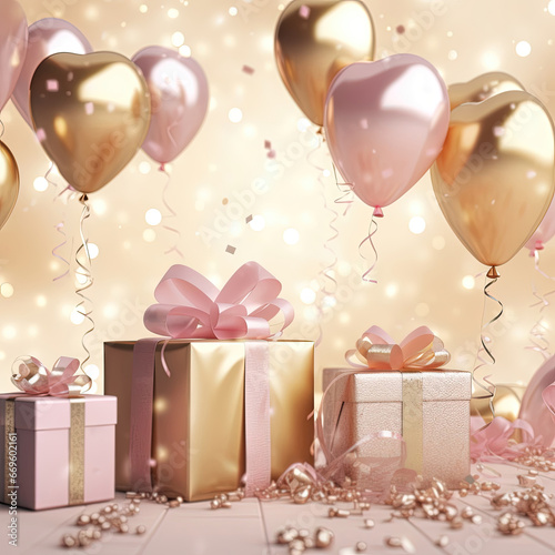 A festive romantic scene with confetti, heart-shaped pink balloons, and gift boxes, all shimmering with the sparkle of confetti and ribbons. Generative ai.