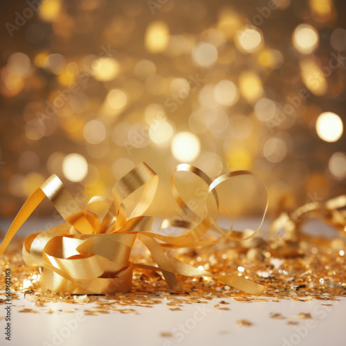 Golden blurred background with a bokeh effect, confetti, and golden ribbons. An abstract luxurious festive backdrop. Generative ai.