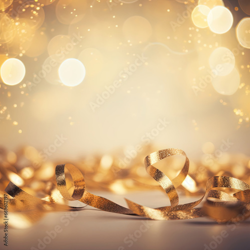 Golden blurred background with a bokeh effect, confetti, and golden ribbons. An abstract luxurious festive backdrop. Generative ai.