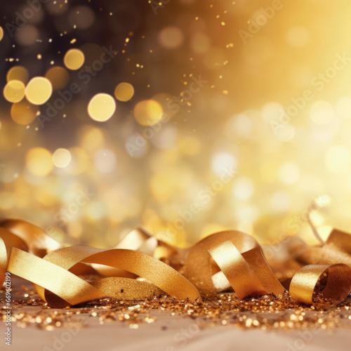 Golden blurred background with a bokeh effect, confetti, and golden ribbons. An abstract luxurious festive backdrop. Generative ai.