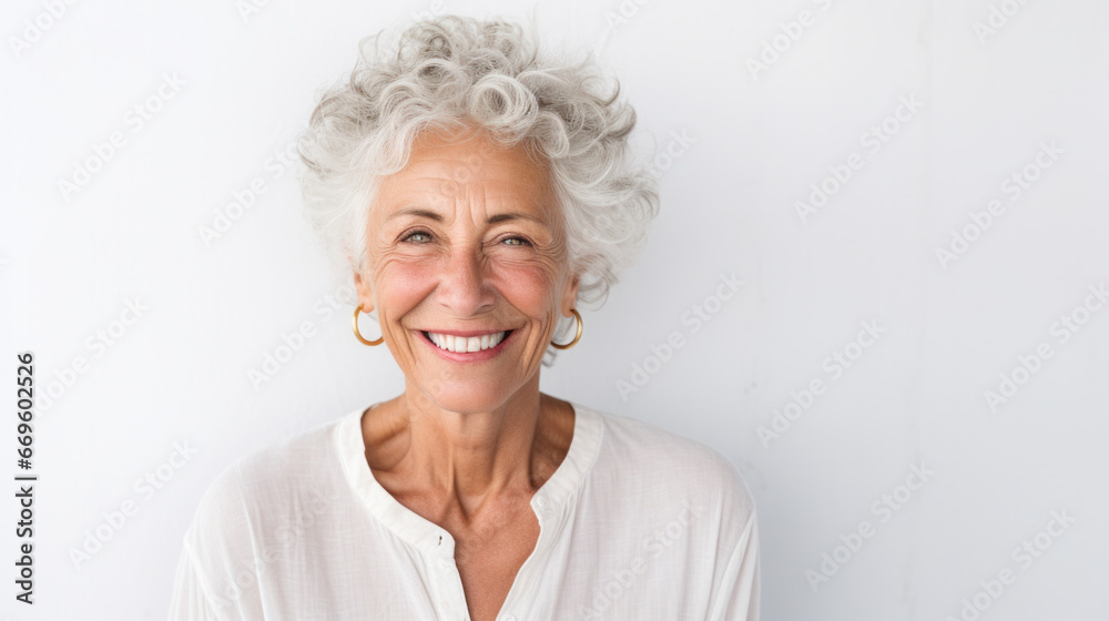 Beautiful and happy blond hair grandma looking at camera isolated on white background
