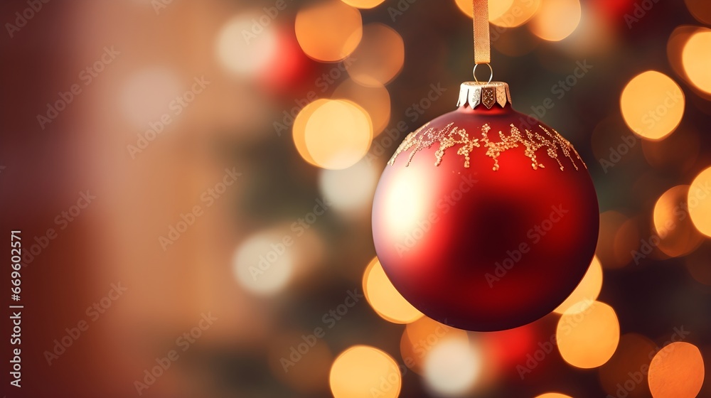 Red and gold glitter Christmas bauble ball decoration Ornament hanging from Christmas Tree, Bokeh lights holiday landscape background banner with copy space Red and gold glitter Christmas bauble ball decoration Ornament hanging from Christmas Tree, Bokeh lights holiday landscape background banner with copy space