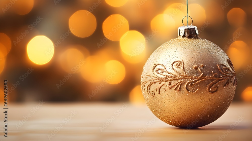 Gold glitter Christmas bauble ball decoration Ornament hanging from Christmas Tree, Bokeh lights holiday landscape background banner with copy space 