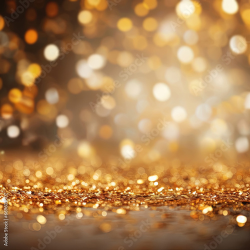 Golden blurred background with a bokeh effect and confetti. An abstract luxurious festive backdrop. Generative ai.