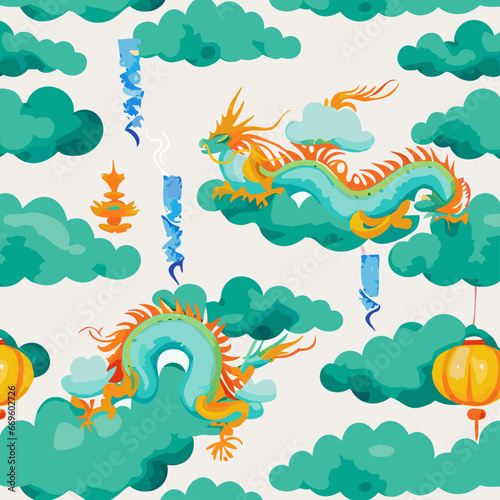 Chinese Zodiac Signs of the New Year Dragons Emerging from the Clouds in Ink Painting