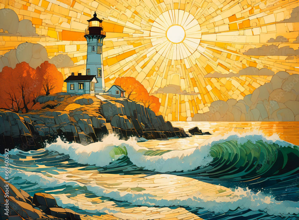 Lighthouse on the background of the sea and the sun.