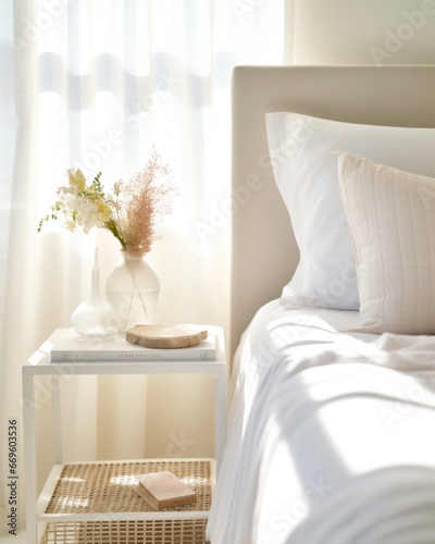 Close-up of pillows on bed in hotel room Home decor and interior design, bed with white bedding in luxury bedroom, bed linen laundry service and furniture details