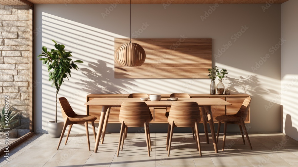 Obraz premium scandinavian dning room with big window daylight home interior creative design background dining area decorate with natural material and colour scheme in cosy comfort interior house
